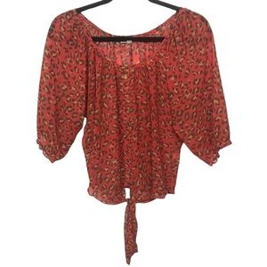Mine Red Orange Sheer Leopard Print Tie Waist Blouse Medium